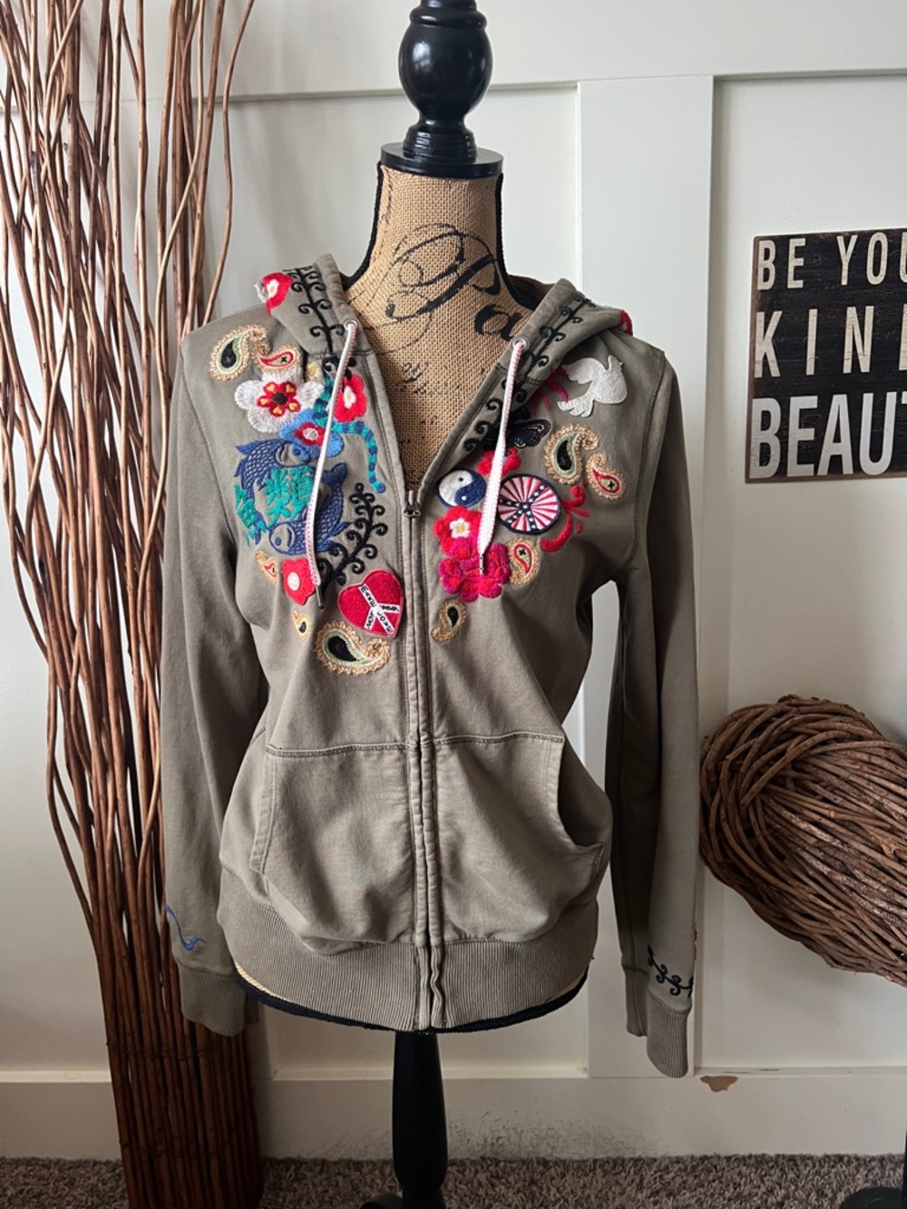Lucky Brand Olive Green Embroidered Zip Hoodie with Multicolor Floral Patches